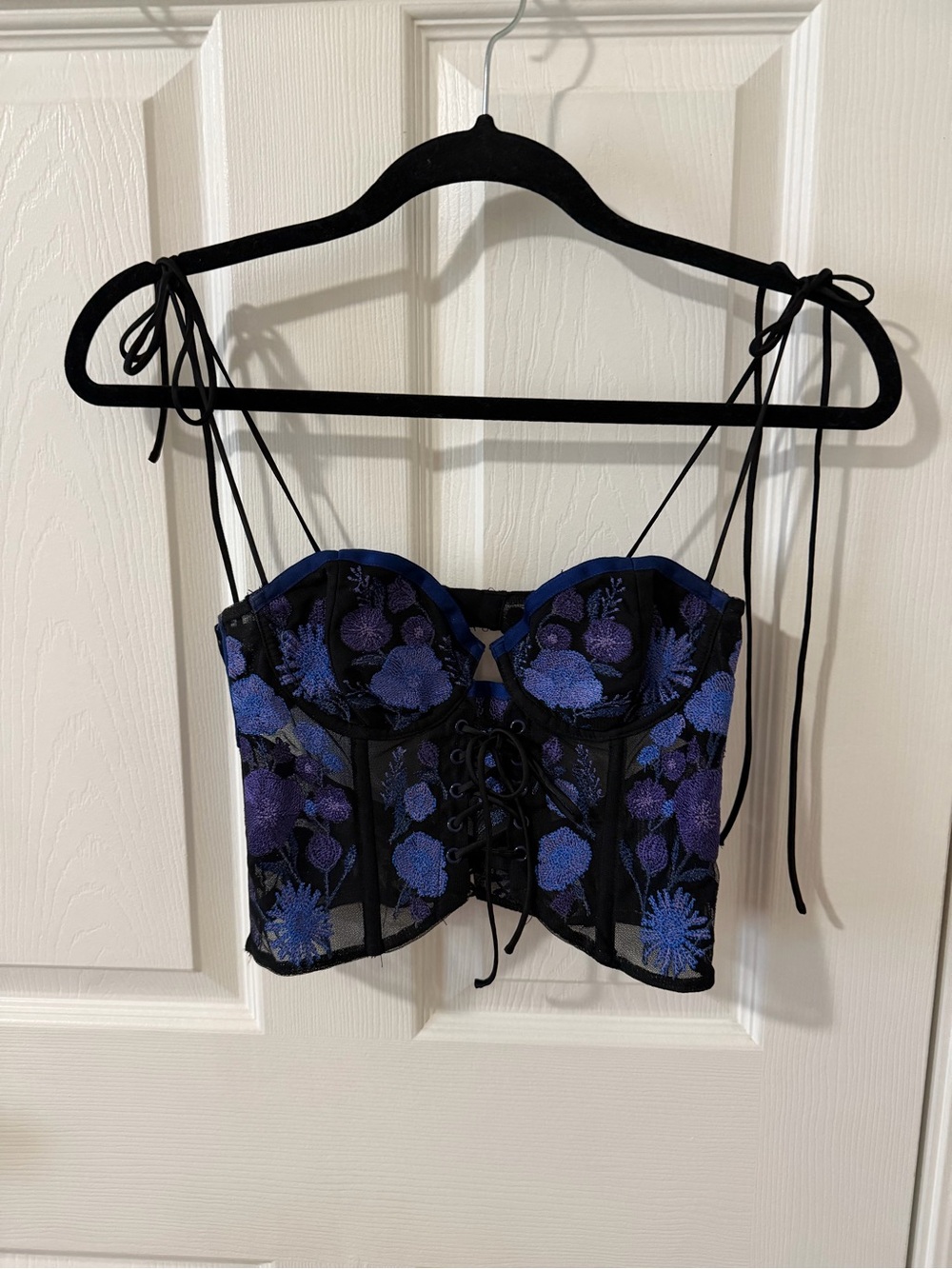 For Love And Lemons Black Corset Crop Top with Blue and Purple Floral Embroidery